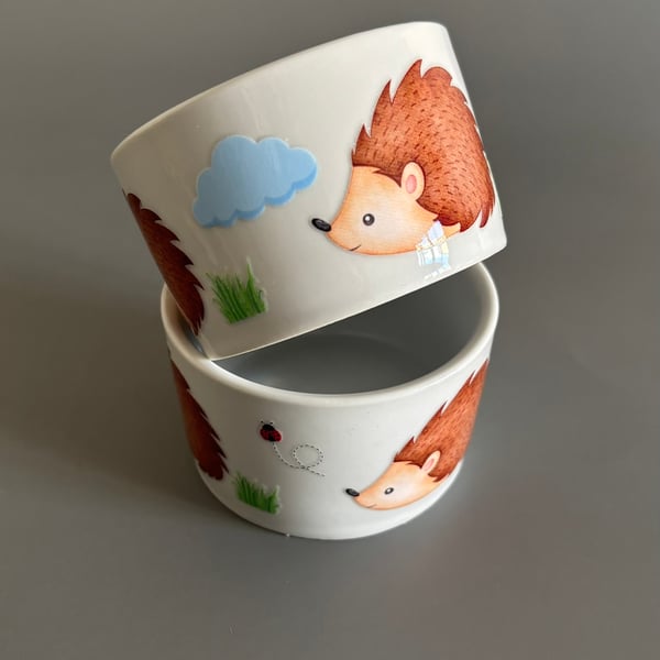 Deep edge ceramic hedgehog food and water bowls. 