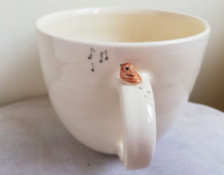 Hand thrown MADE to ORDER ceramic robin mug with tiny bird & footprints