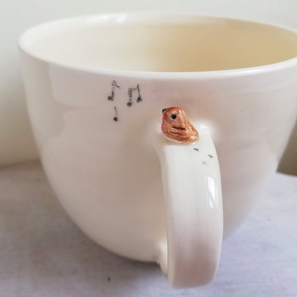 Hand thrown MADE to ORDER ceramic robin mug with tiny bird & footprints