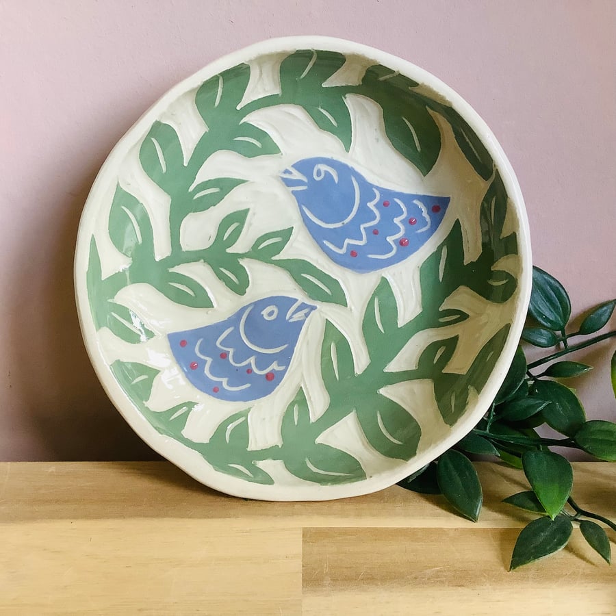 Handmade stoneware sgraffito lilac bird dessert bowl