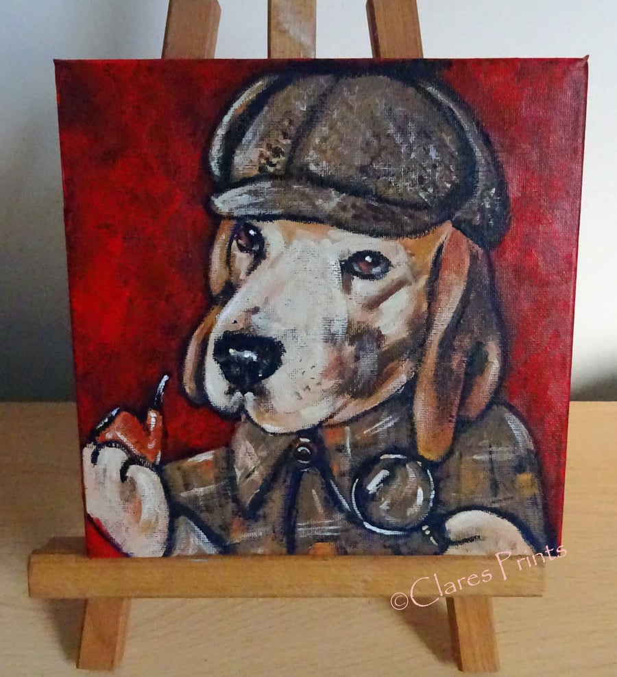 Steampunk Sherlock Dog Beagle Original Art Acrylic Painting on Canvas Retro 