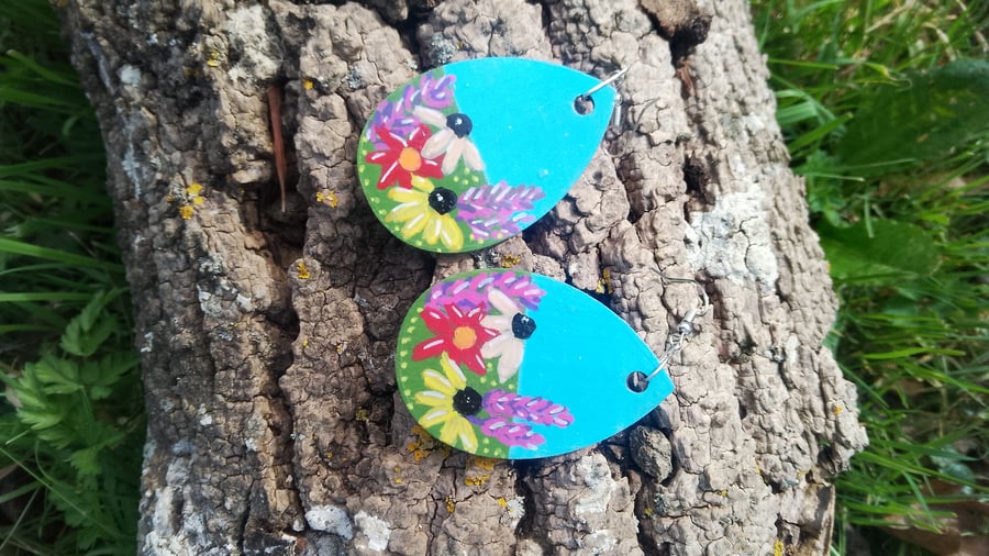 Wooden Hand Painted Flower Meadow earrings