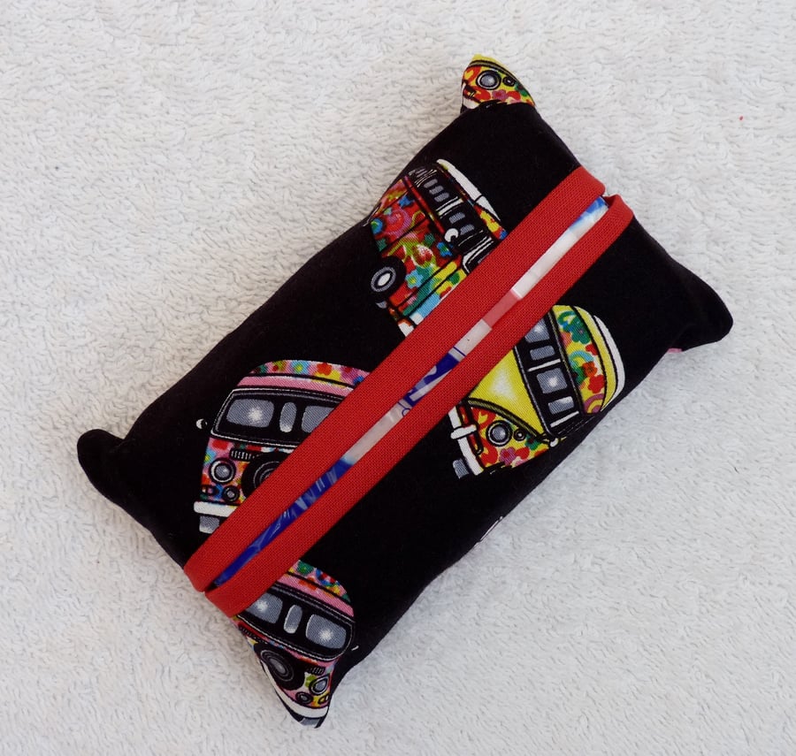 Travel Tissue Holder in Black VW camper  Print Cotton Fabric. Red Trim.