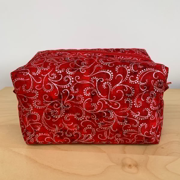 Red and Silver Christmas Fabric Quilted Box Makeup Bag