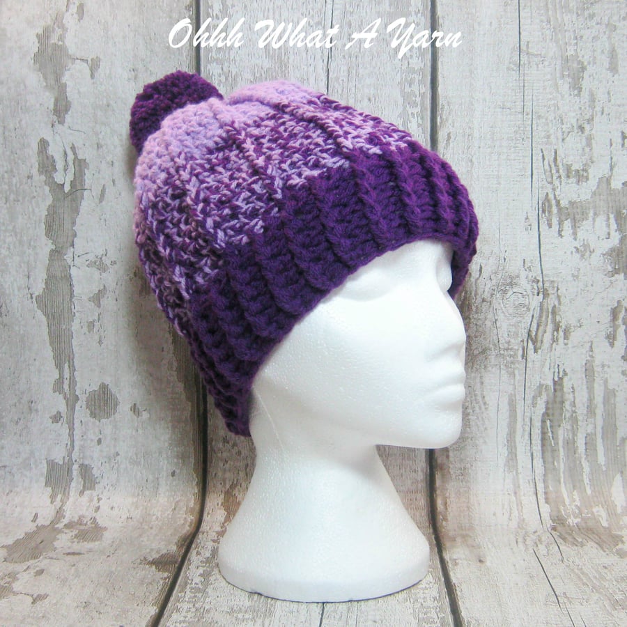 Purple and lilac crochet ombre chunky ladies hat, chunky hat, ladies pom pom hat