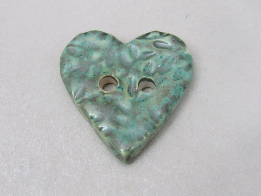 Medium Verdigris Leaf Sprig Texture Heart Shaped Ceramic Button
