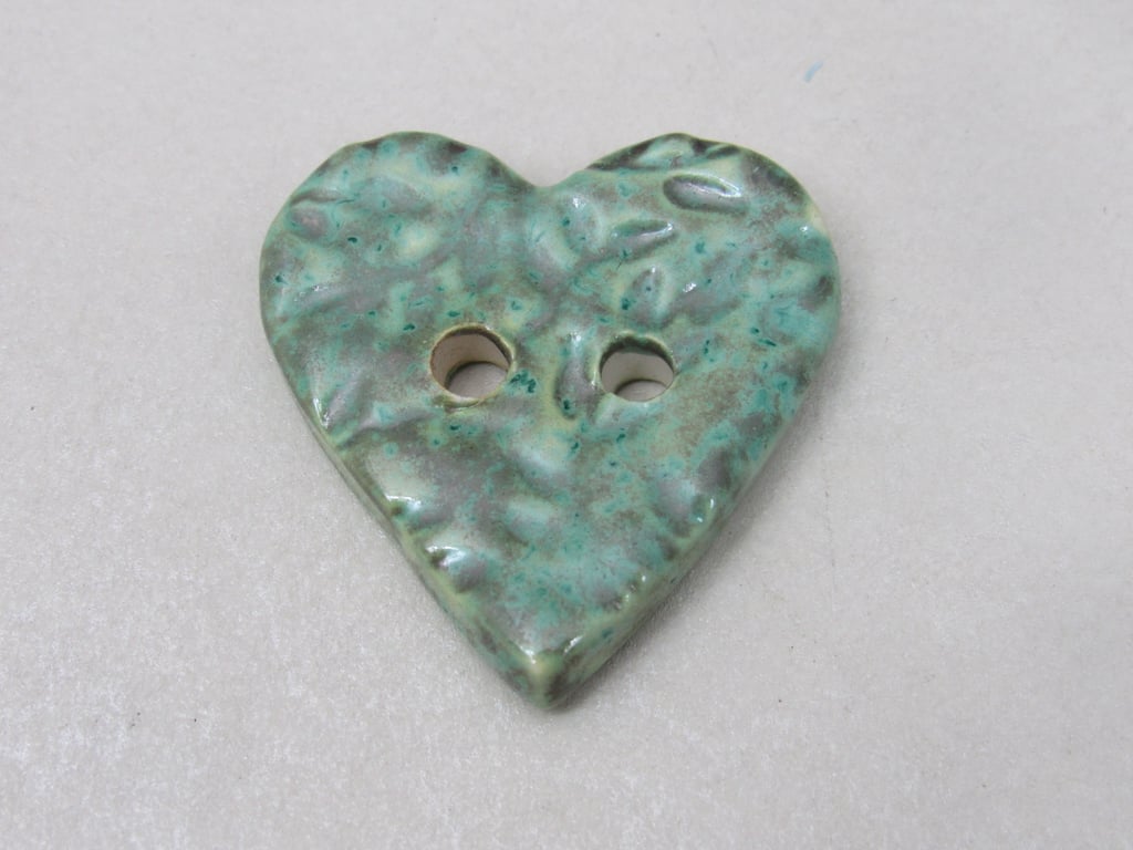 Medium Verdigris Leaf Sprig Texture Heart Shaped Ceramic Button