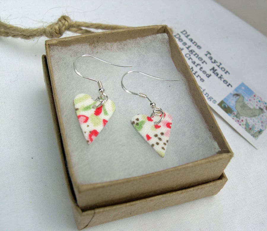  925 Sterling Silver Hardened Cath Kidston Fabric Heart Earrings