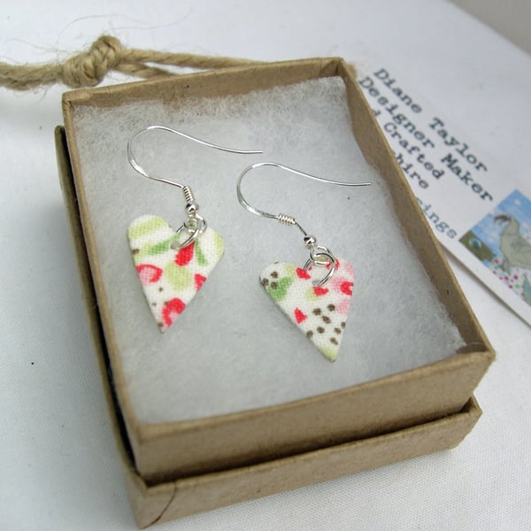  925 Sterling Silver Hardened Cath Kidston Fabric Heart Earrings