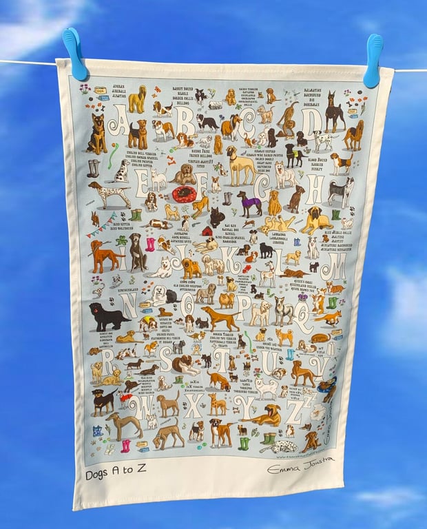 Dog Alphabet tea towel 100% organic cotton designed and made in the UK