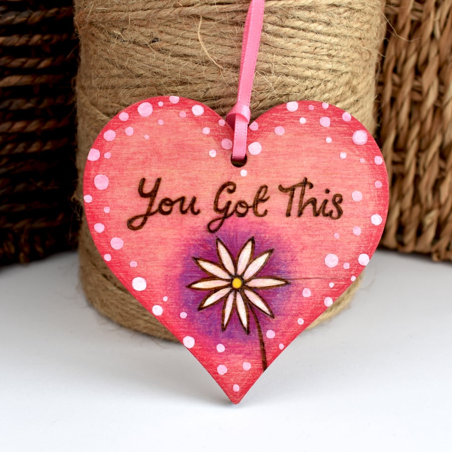 You got this. Pyrography daisy hanging heart decoration with colour. 
