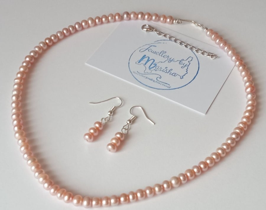 Pinky Peach Genuine Freshwater Pearl Handmade Necklace & Earrings Gift Set