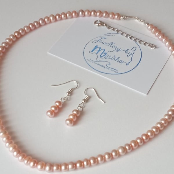 Pinky Peach Genuine Freshwater Pearl Handmade Necklace & Earrings Gift Set