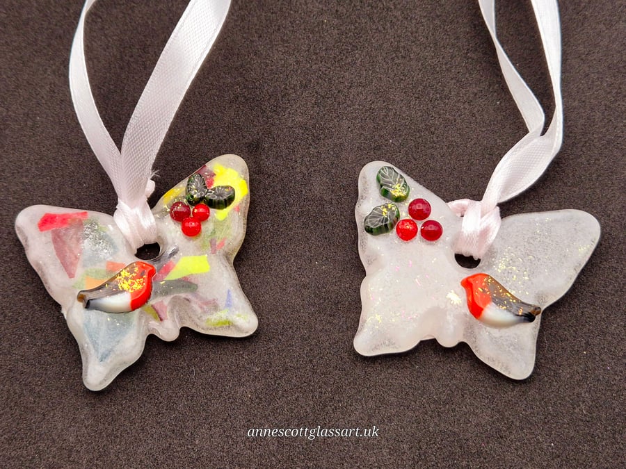 Two of Handmade Fused Glass Butterfly Christmas Decoration with Robin and Holly