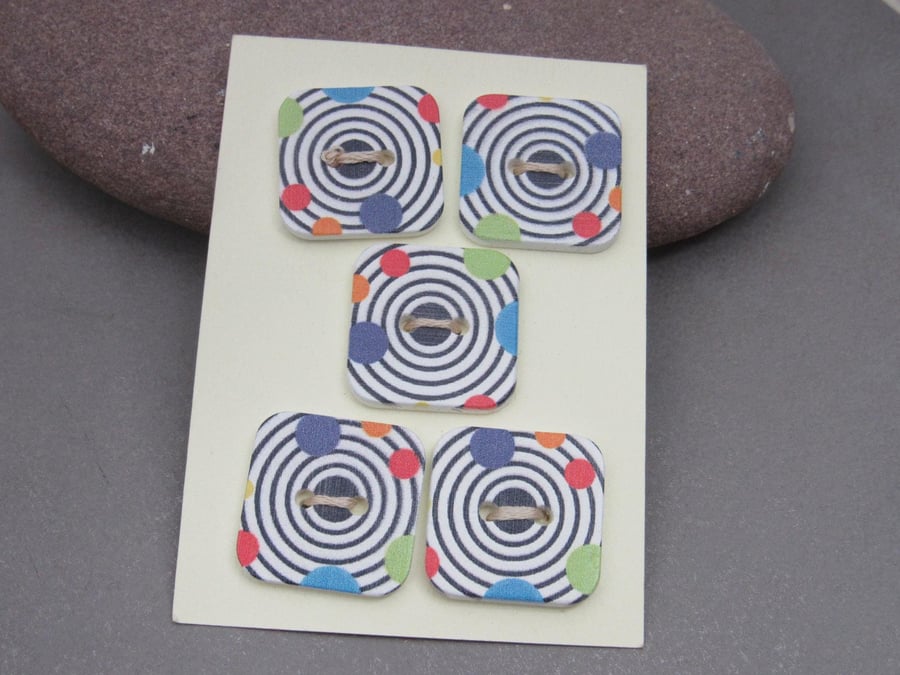 5 Medium Large Square Painted Wooden Craft Buttons