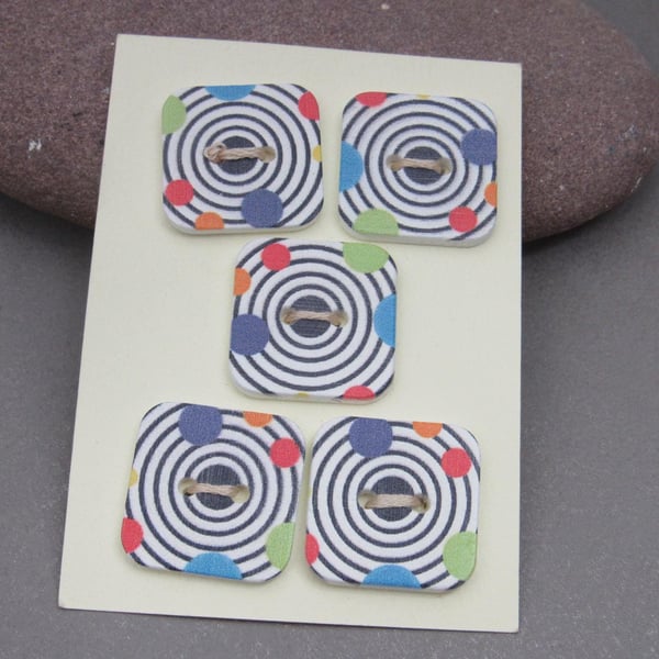 5 Medium Large Square Painted Wooden Craft Buttons