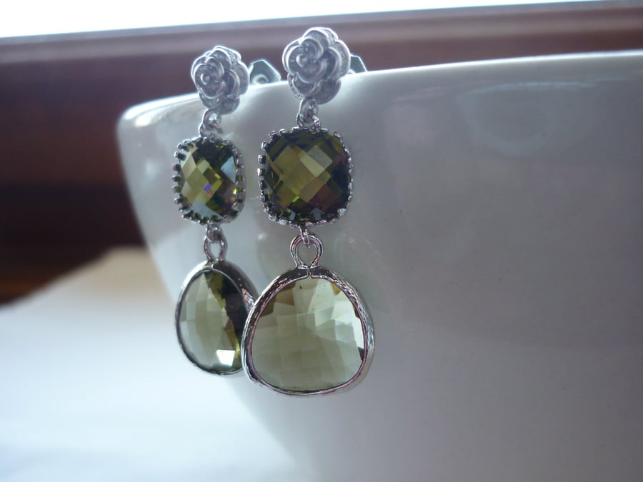 DARK OLIVE AND SILVER, ROSE EARRINGS.  664