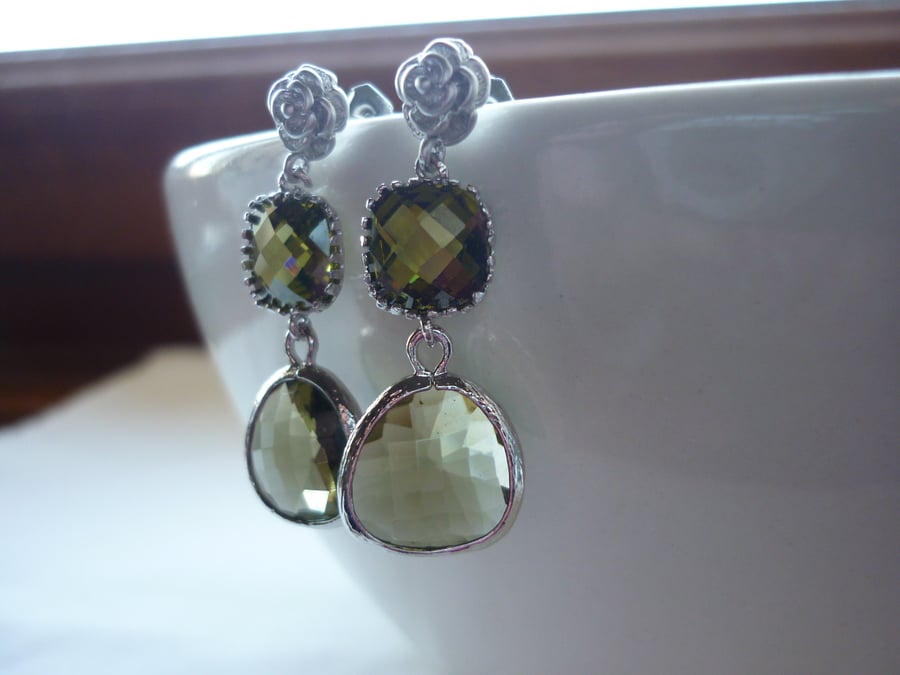 Image of DARK OLIVE AND SILVER, ROSE EARRINGS.  664