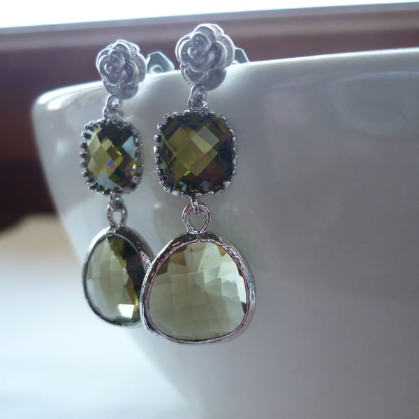 DARK OLIVE AND SILVER, ROSE EARRINGS.  664