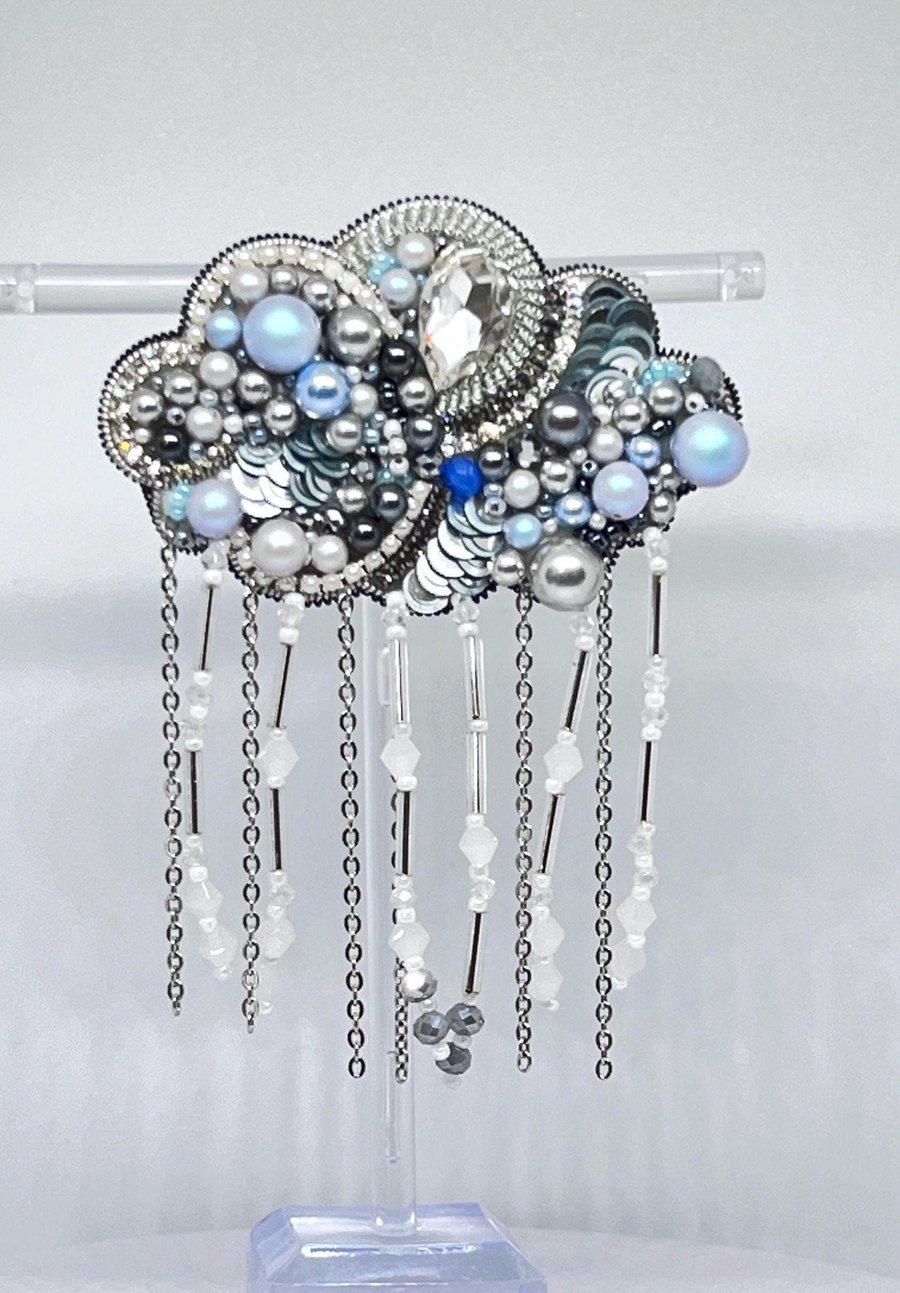 Handmade Beaded Dome Brooch, Sparkling Silver and Teal Brooch, Elegant Bridal Pi