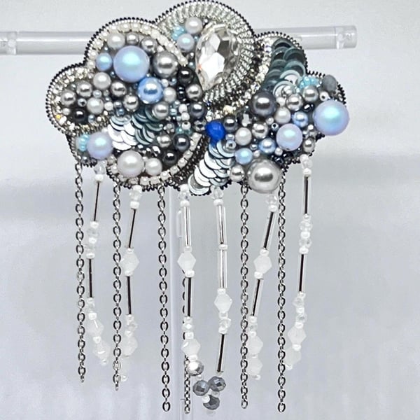 Handmade Beaded Dome Brooch, Sparkling Silver and Teal Brooch, Elegant Bridal Pi