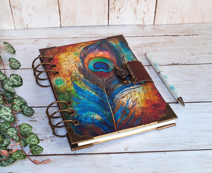 A5 Refillable Journal with Boho Peacock Feathers, ring binder, notebook gift