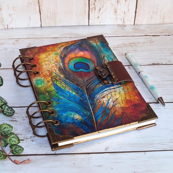 A5 Refillable Journal with Boho Peacock Feathers, ring binder, notebook gift
