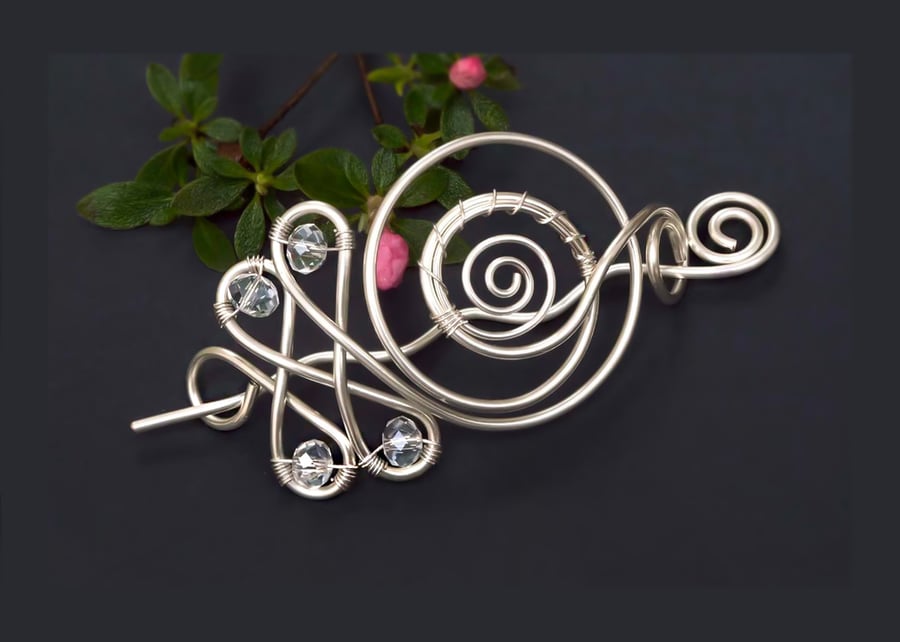 Celtic Hair Clip, Silver Plated Copper Hair Bun Holder, Handmade hair jewelry
