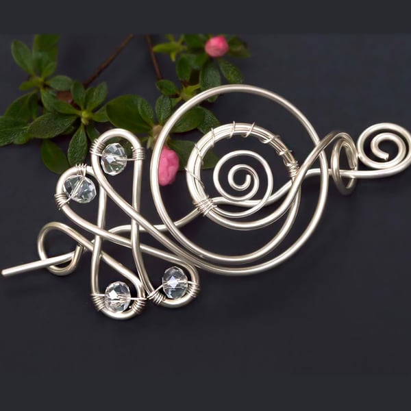 Celtic Hair Clip, Silver Plated Copper Hair Bun Holder, Handmade hair jewelry
