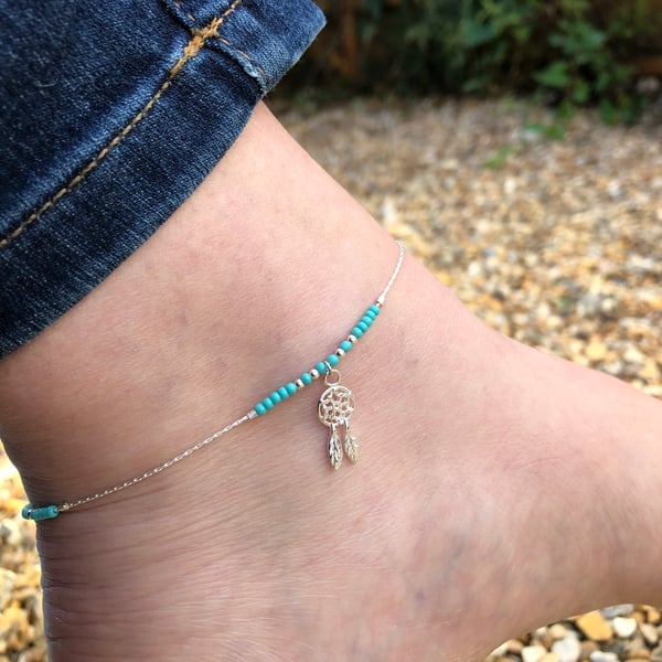 Dream catcher & seed bead floating anklet. Sterling silver. 