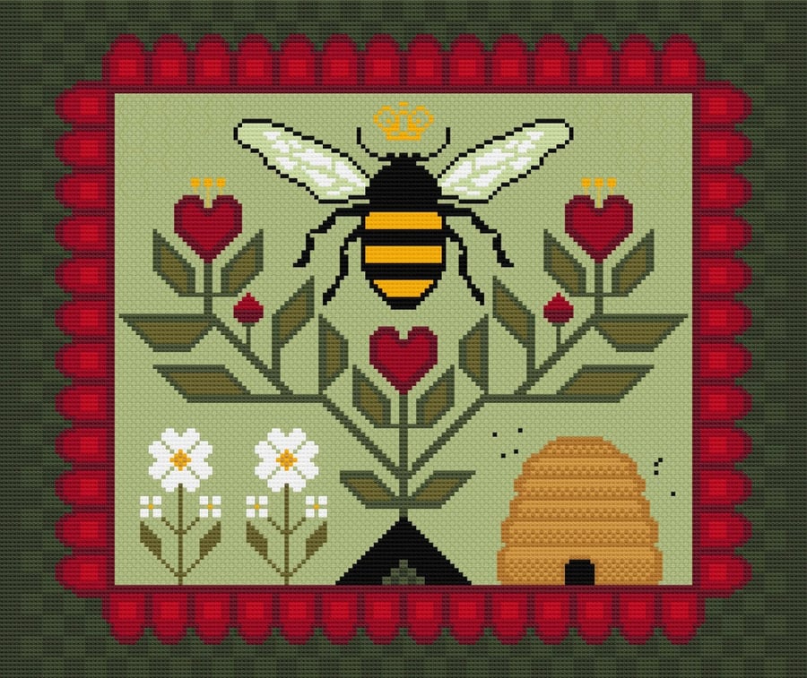 157 - Queen Bumble Bee - Fractur Folk Art Quaker Style  - Cross Stitch Pattern