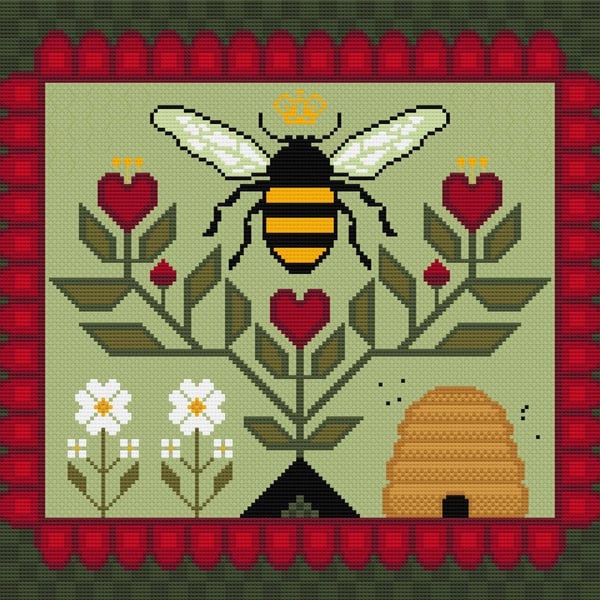 157 - Queen Bumble Bee - Fractur Folk Art Quaker Style  - Cross Stitch Pattern