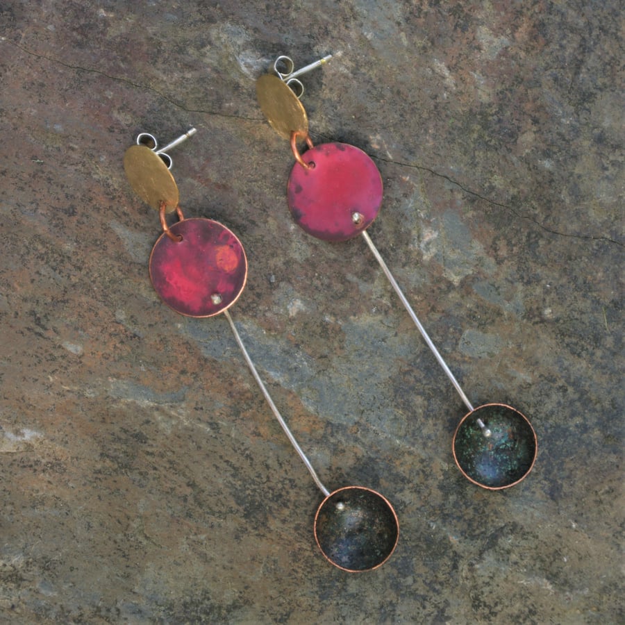   Copper,  Brass and Verdigris Long Dangle  Circle Earrings