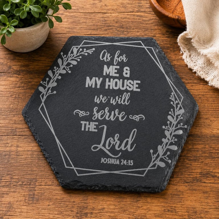 Joshua 24:15 Hexagon Slate Plaque Christian Kitchen Decor Engraved Slate Serving