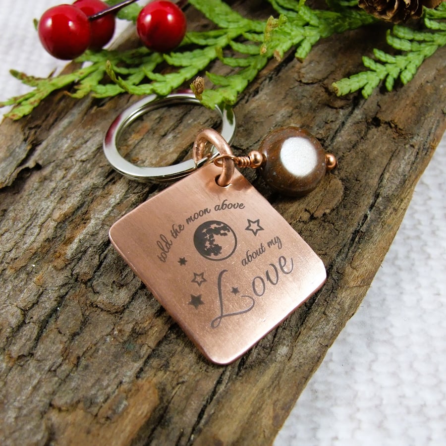 Keyring, Hammered Copper with Engraved Message and Jasper Gemstone
