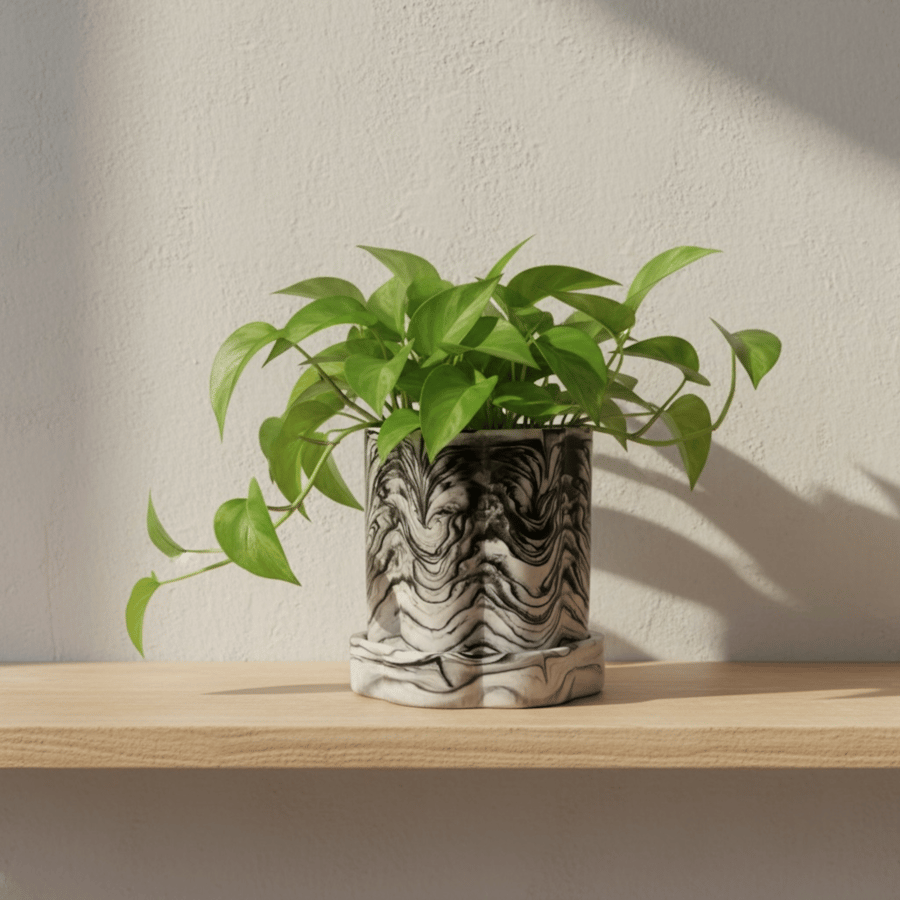 White Marbled Tall Plant Pot or Storage Pot With a Lid or Tray