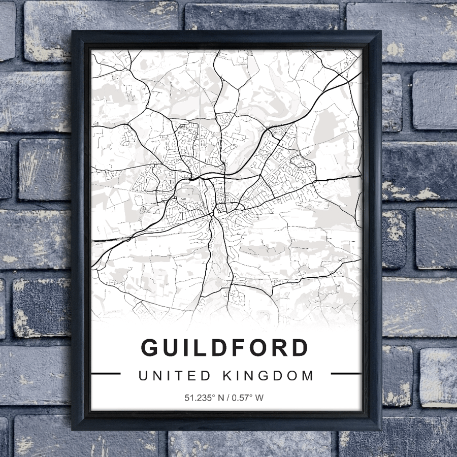 Map of GUILDFORD, Cityscape Poster, Black and White City Map, Framed Wall Art