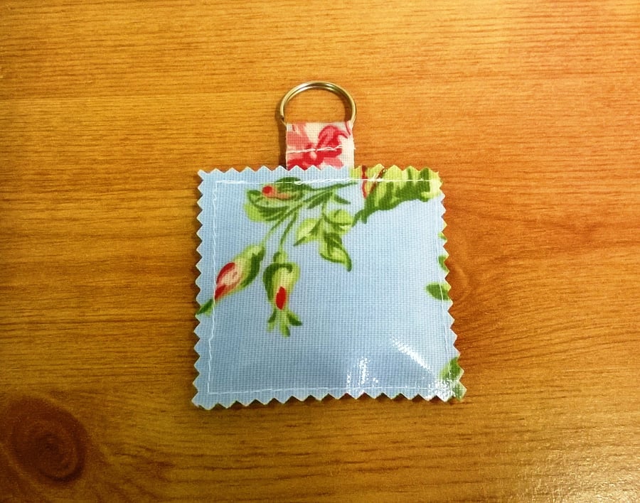 Oilcloth Key ring in pale blue with pink flowers, square with pretty edges,new