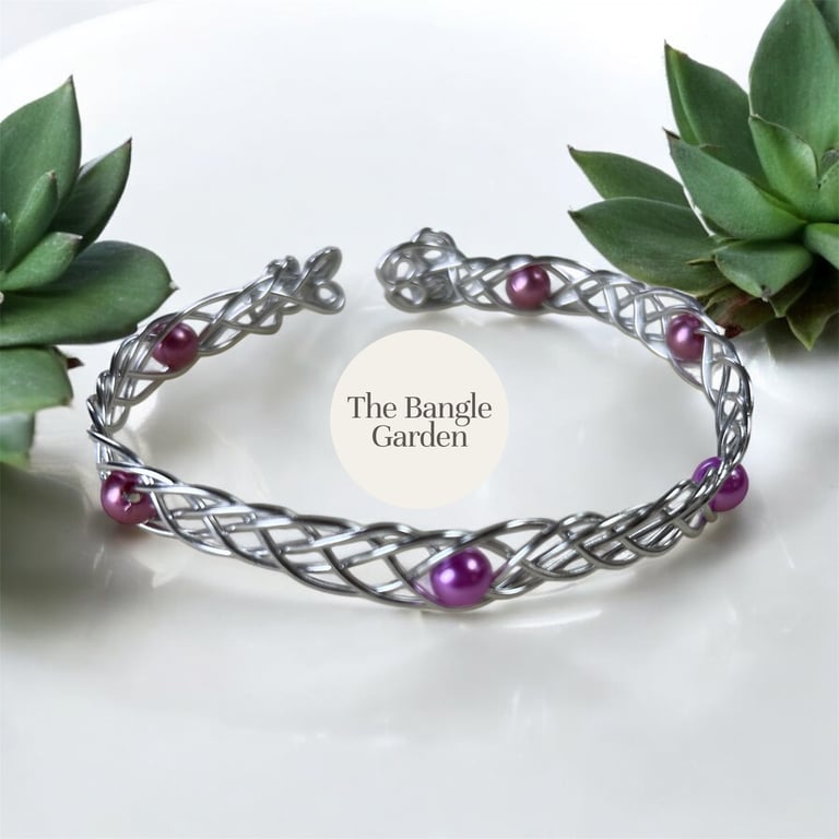 Handmade wire woven silver and pink bead bangle