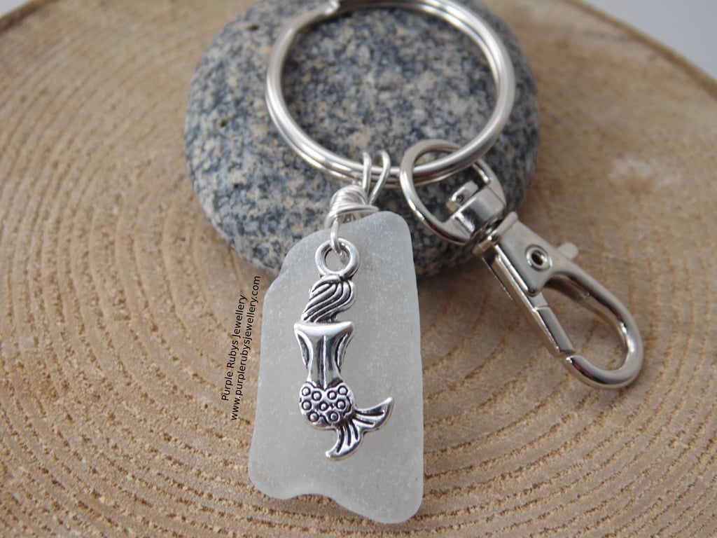 White Cornish Sea Glass with Mermaid Charm Bag Charm Keyring K391
