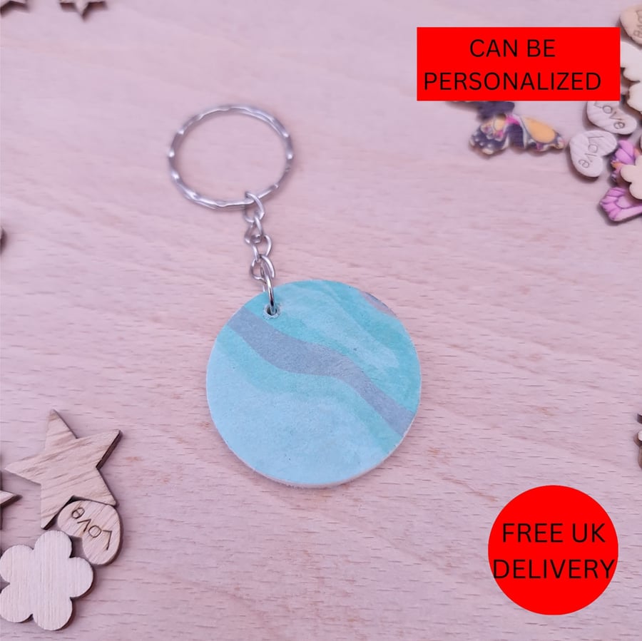 Handmade Turquoise Marble Wooden Decoupaged Round Keyring - FREE UK DELIVERY