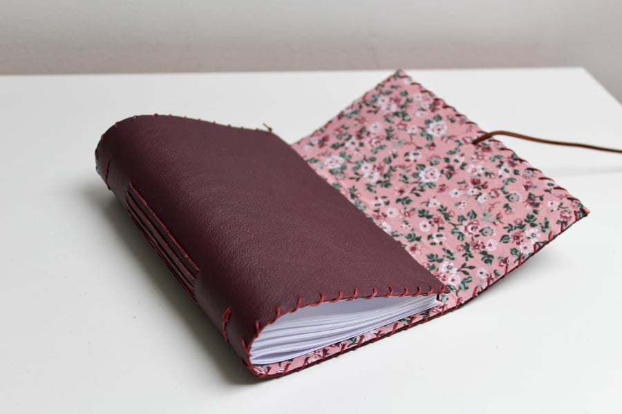 A6 Fold over handmade Leather purple notebook journal floral fabric lining