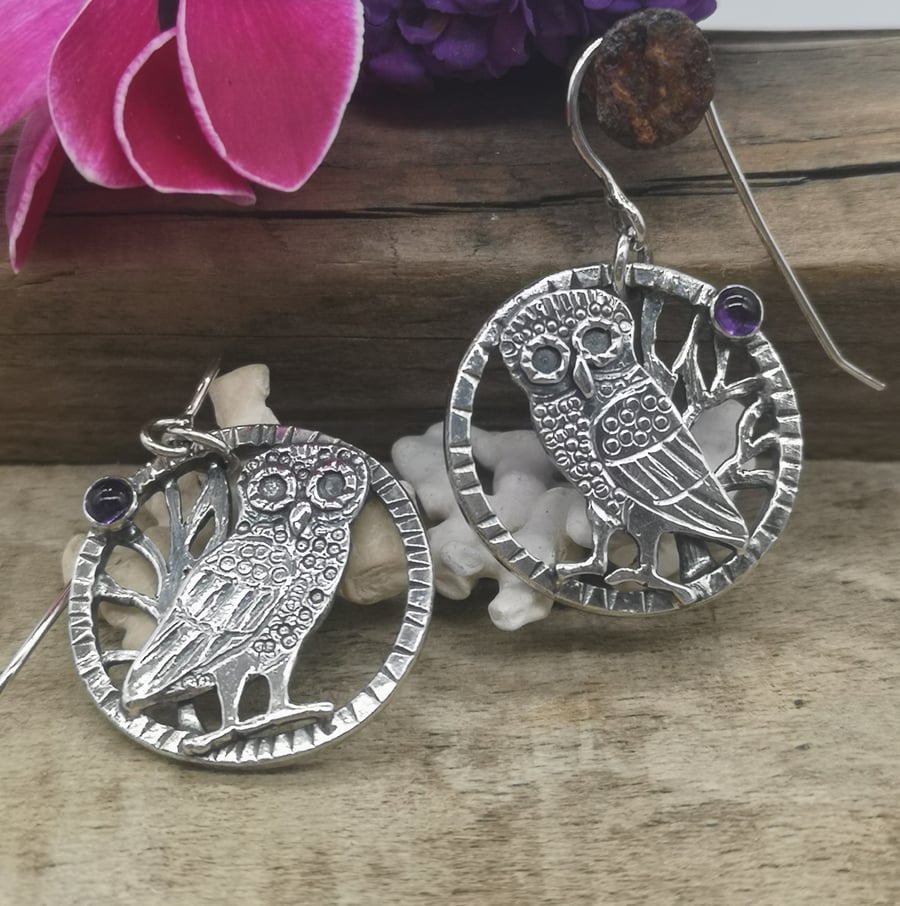 Owl Earrings with Amethyst 