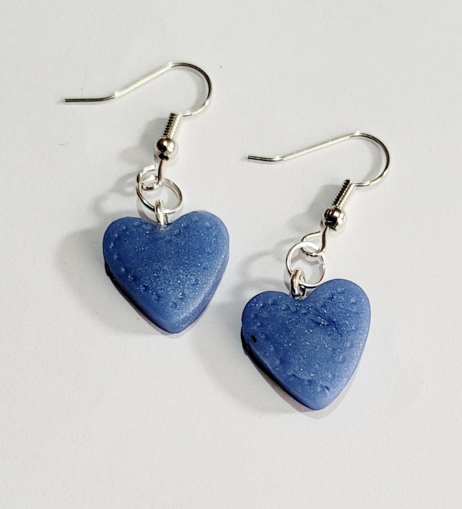 Handmade Blue Heart Polymer Clay Dangle Earrings, Artisan Boho Jewellery