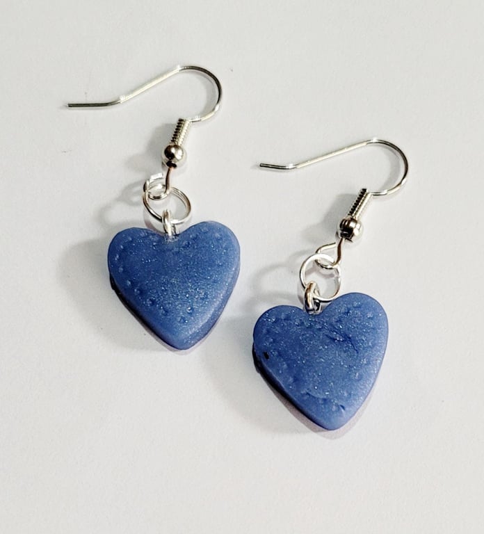 Handmade Blue Heart Polymer Clay Dangle Earrings, Artisan Boho Jewellery