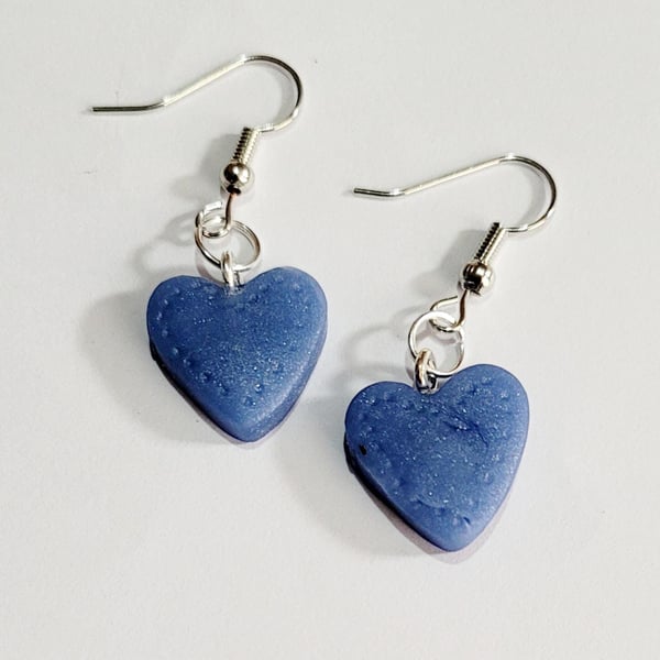 Handmade Blue Heart Polymer Clay Dangle Earrings, Artisan Boho Jewellery