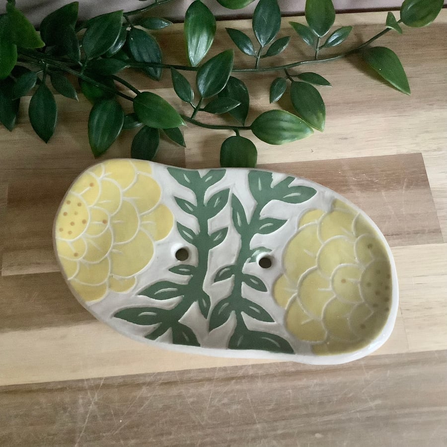 Handmade stoneware pottery yellow flower and leaf soap dish bathroom decor