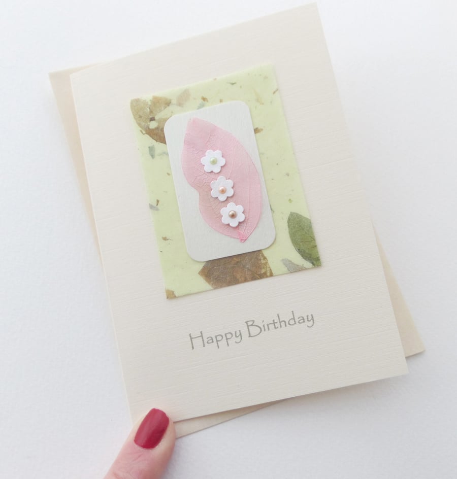 Pretty Birthday Card, Pastel Leaf, Nature lovers arty card