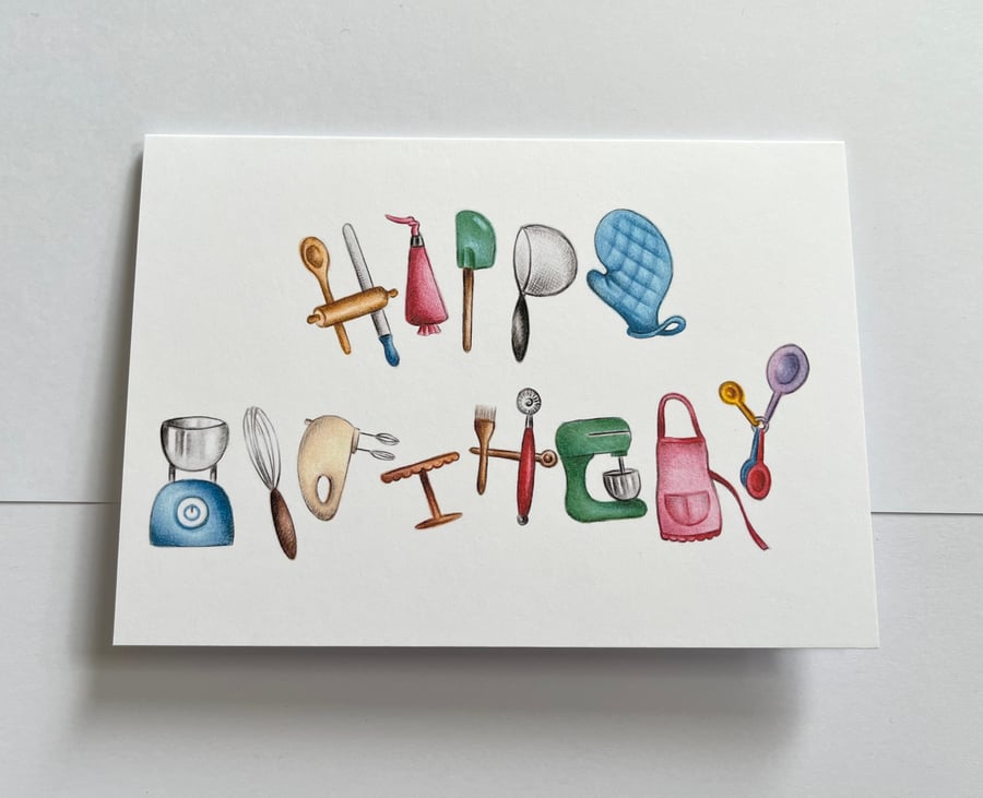 Happy Birthday card - baker, baking equipment letters  - 7x5 inches