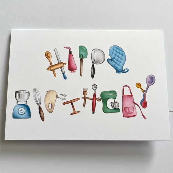 Happy Birthday card - baker, baking equipment letters  - 7x5 inches